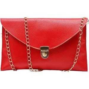 Women Red Leather Fashion Envelope Clutch Crossbody Satchel Purse